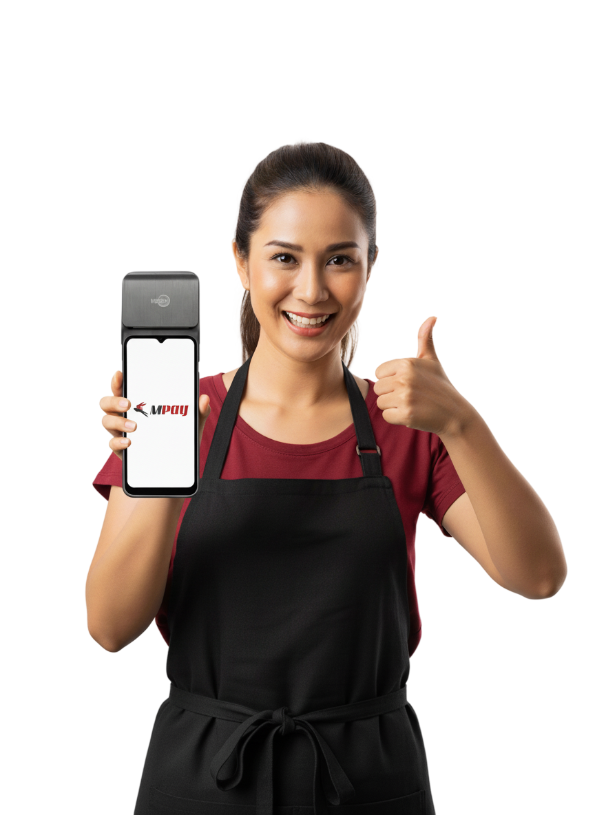 Woman using MPay Business merchant account on mobile phone - Accept payments anytime, anywhere